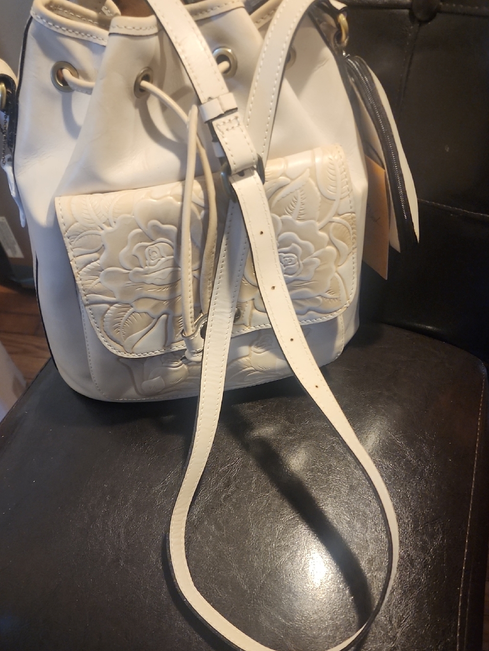 Patricia Nash Cream Floral Embossed Drawstring Crossbody Bag - Picture 7 of 7